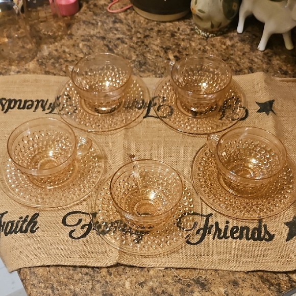 Vintage Pink Depression Glass Hobnail Cups & Saucers Anchor Hocking